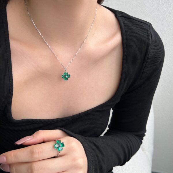 Flower Necklace with Green Crystal,